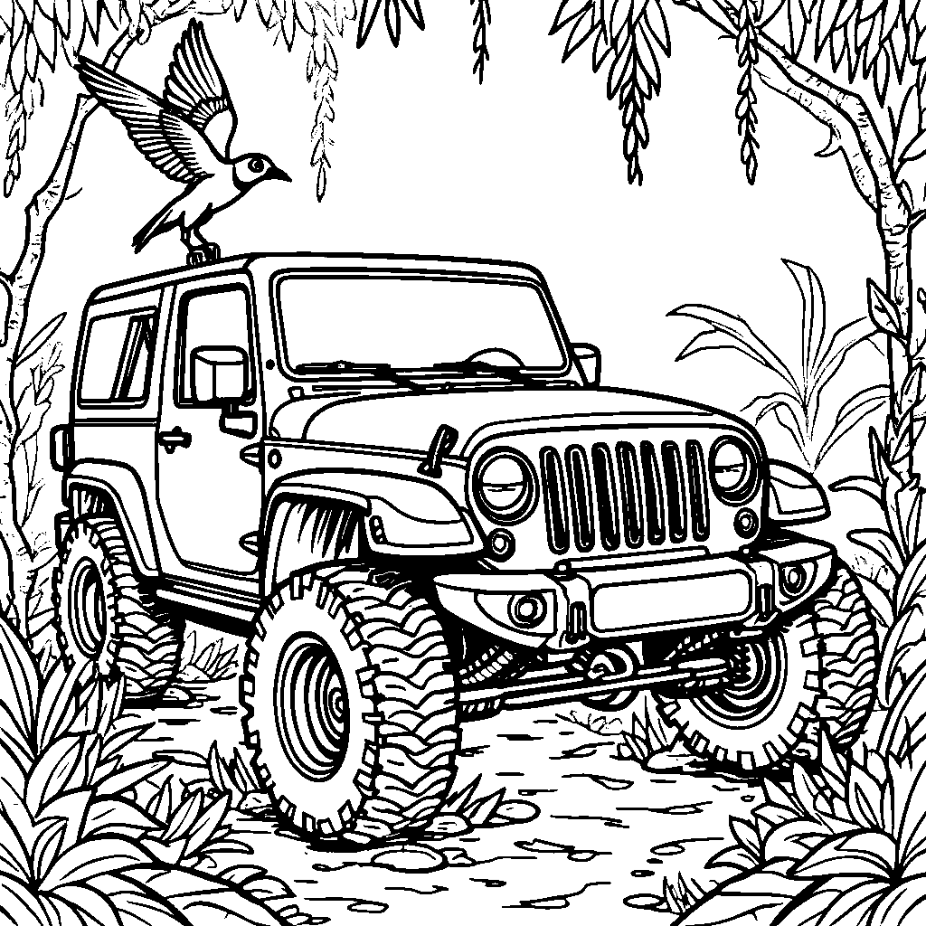 A jeep driving through a mysterious jungle