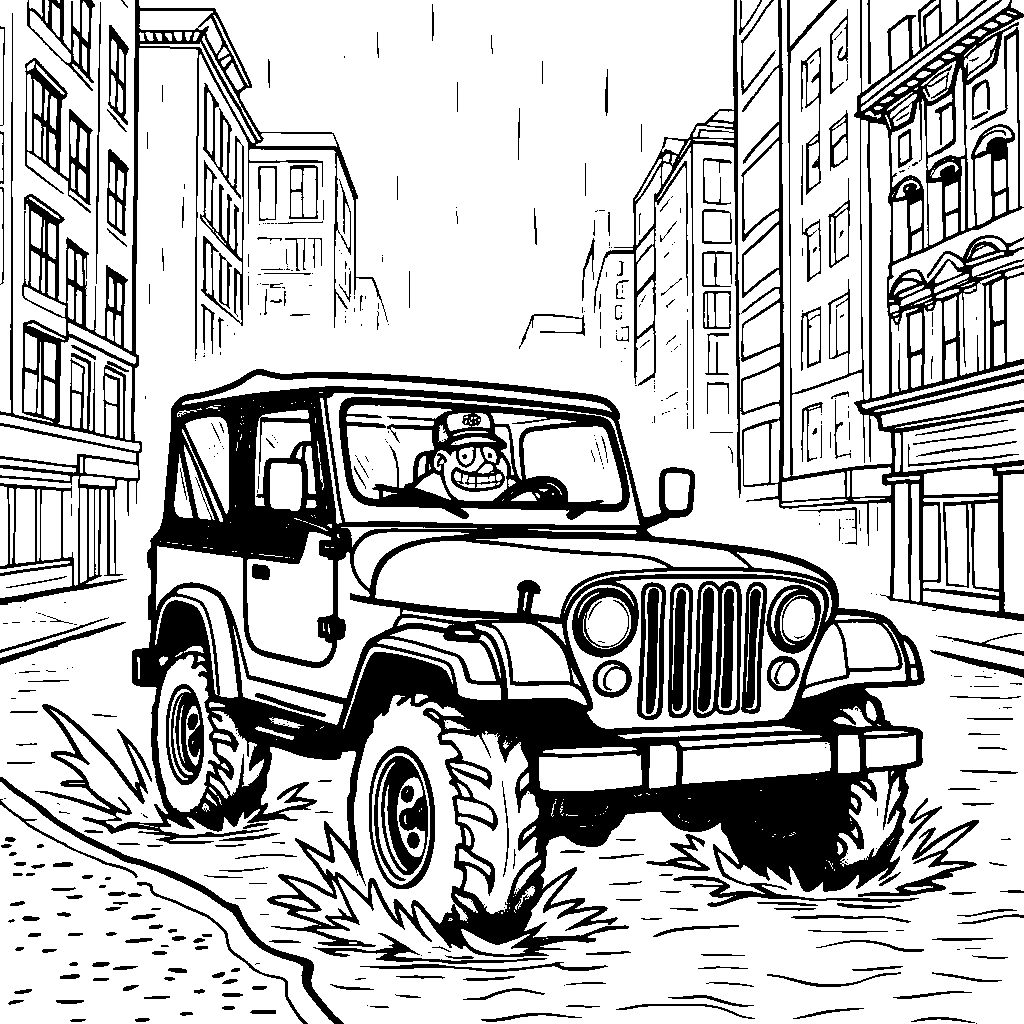 A jeep driving through a rainy day cityscape