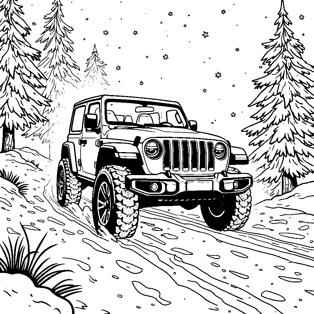 A jeep driving through a snowy winter wonderland