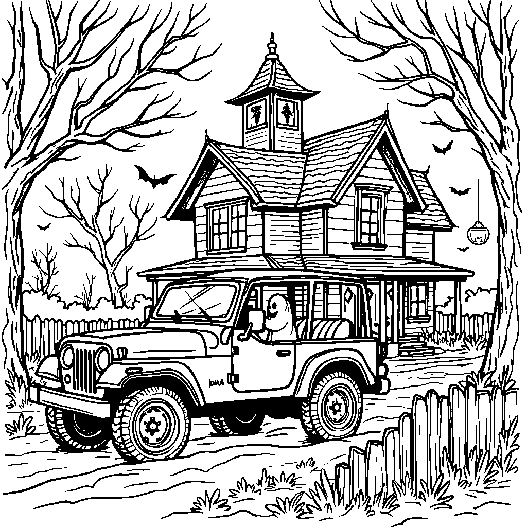 A jeep driving through a spooky haunted house