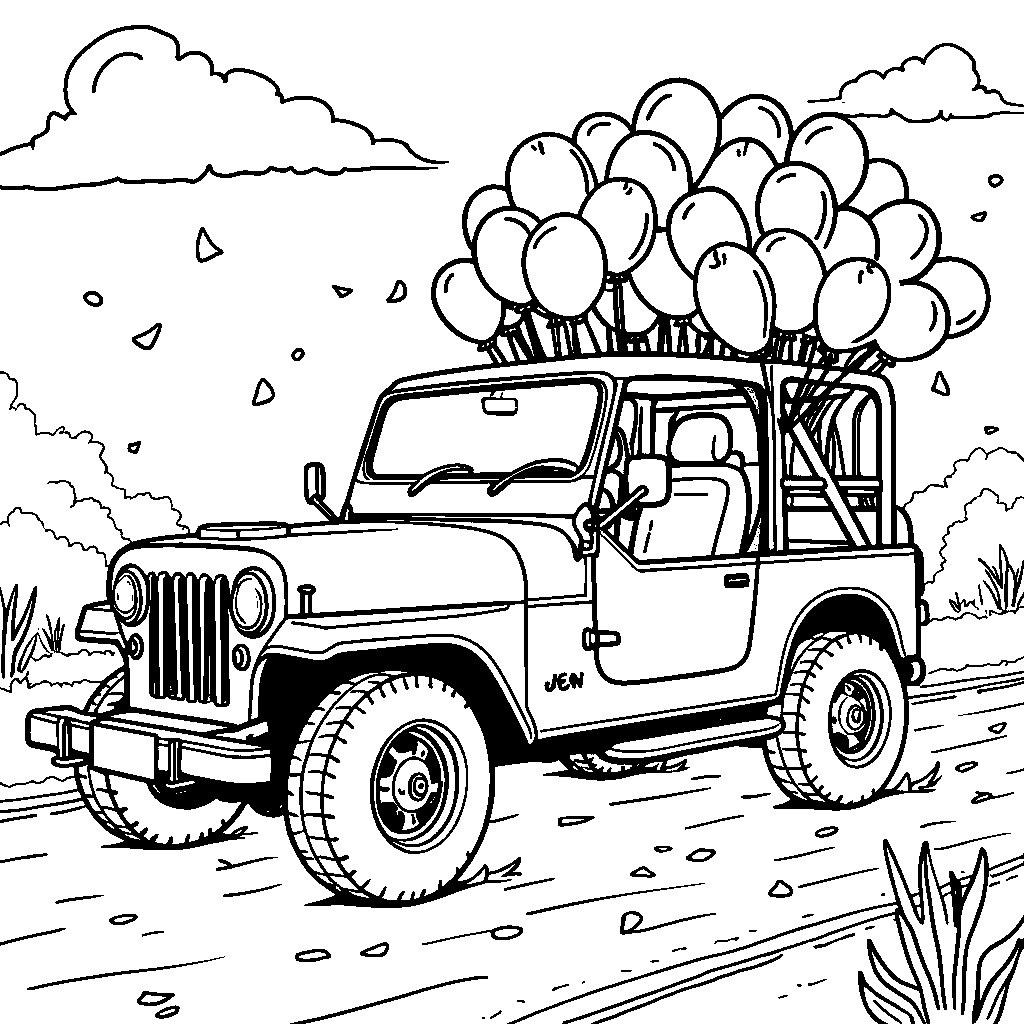 A jeep filled with balloons and confetti