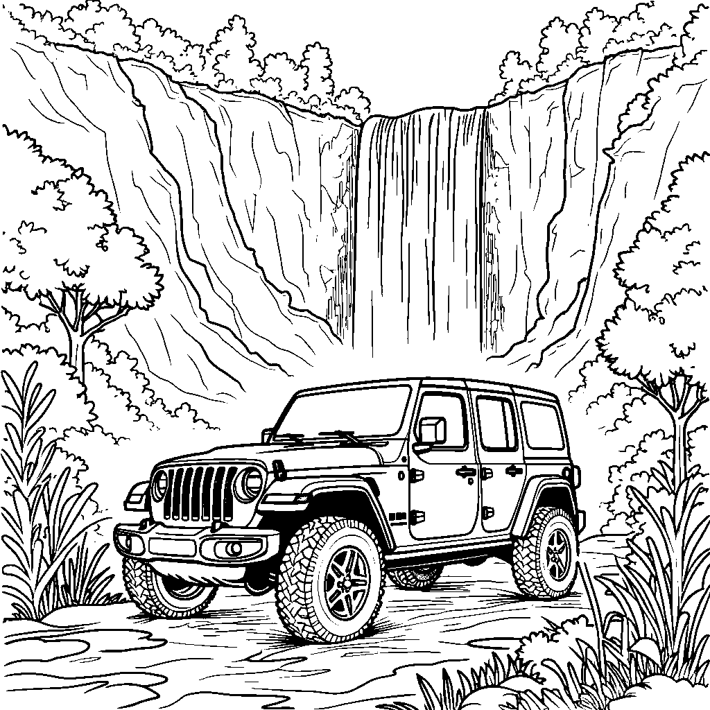 A jeep parked in front of a beautiful waterfall