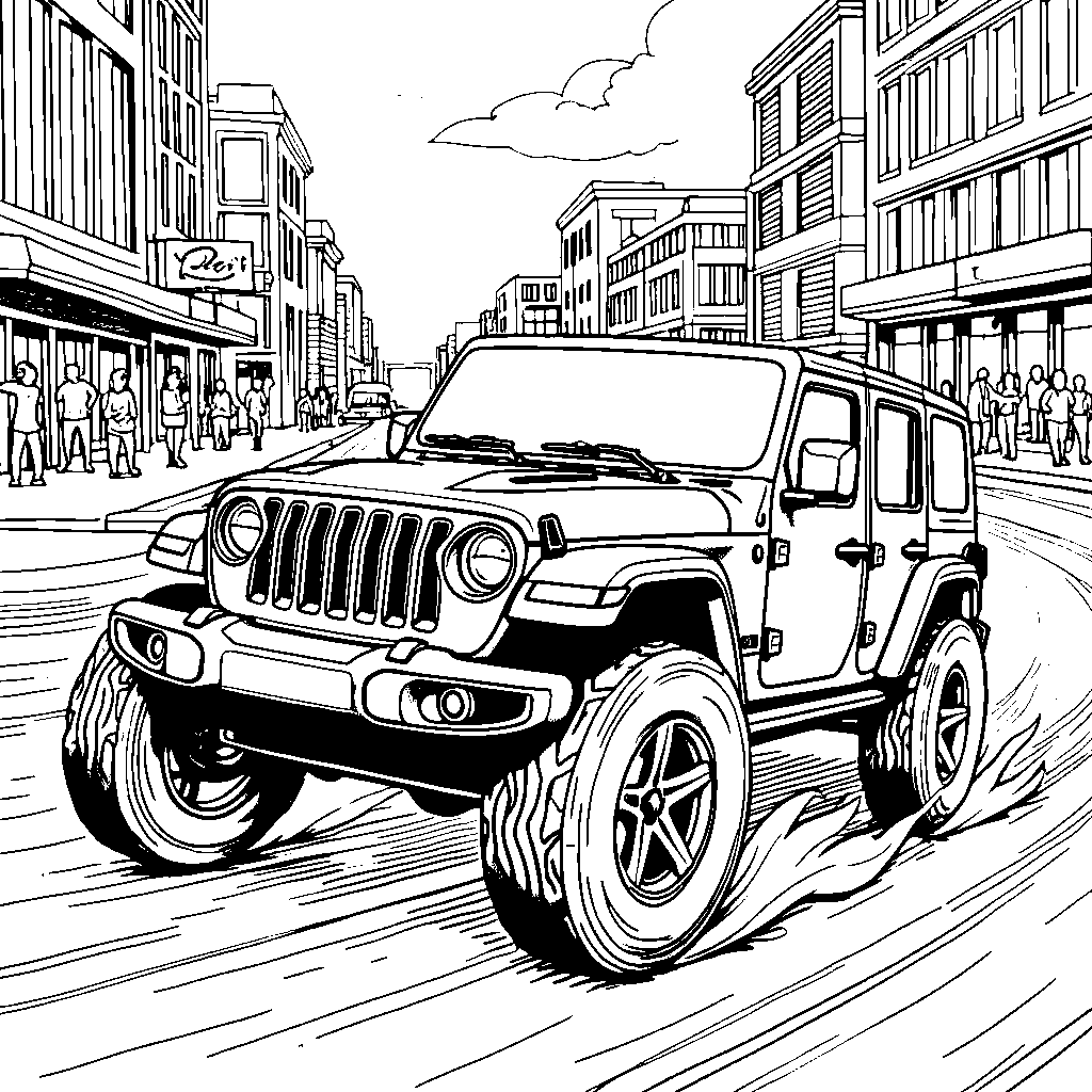 A jeep racing through a city street course