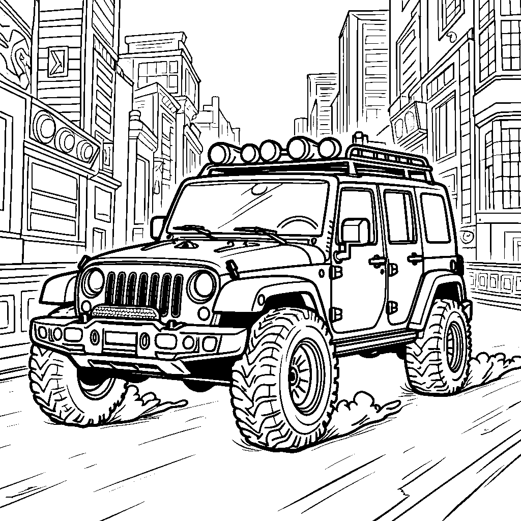 A jeep riding through a bright and colorful city