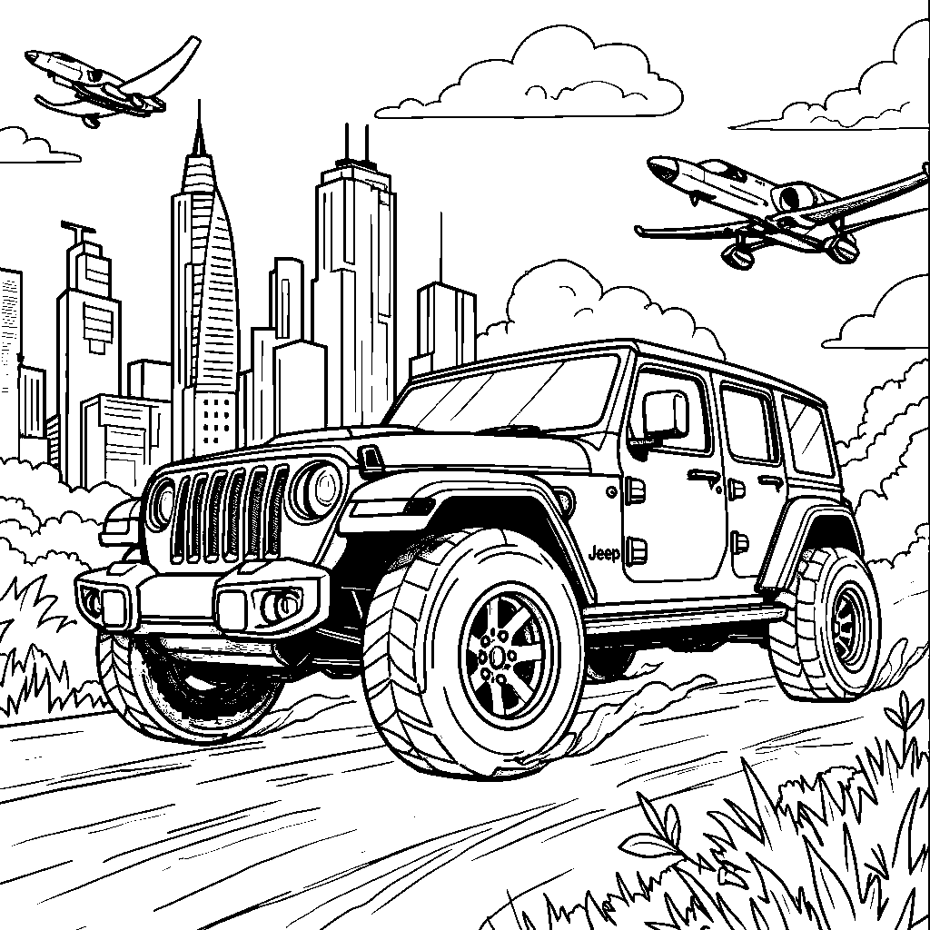 A jeep riding through a futuristic city