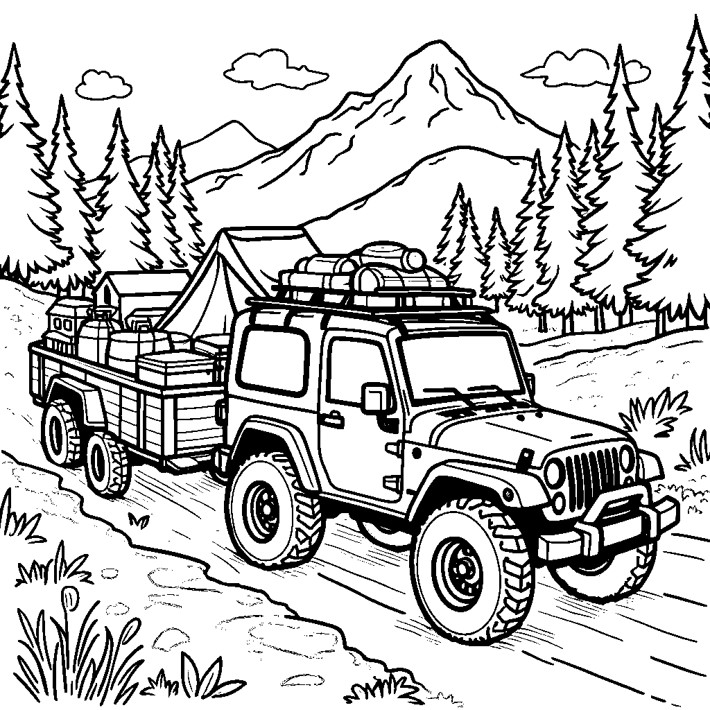 A jeep towing a trailer full of camping gear