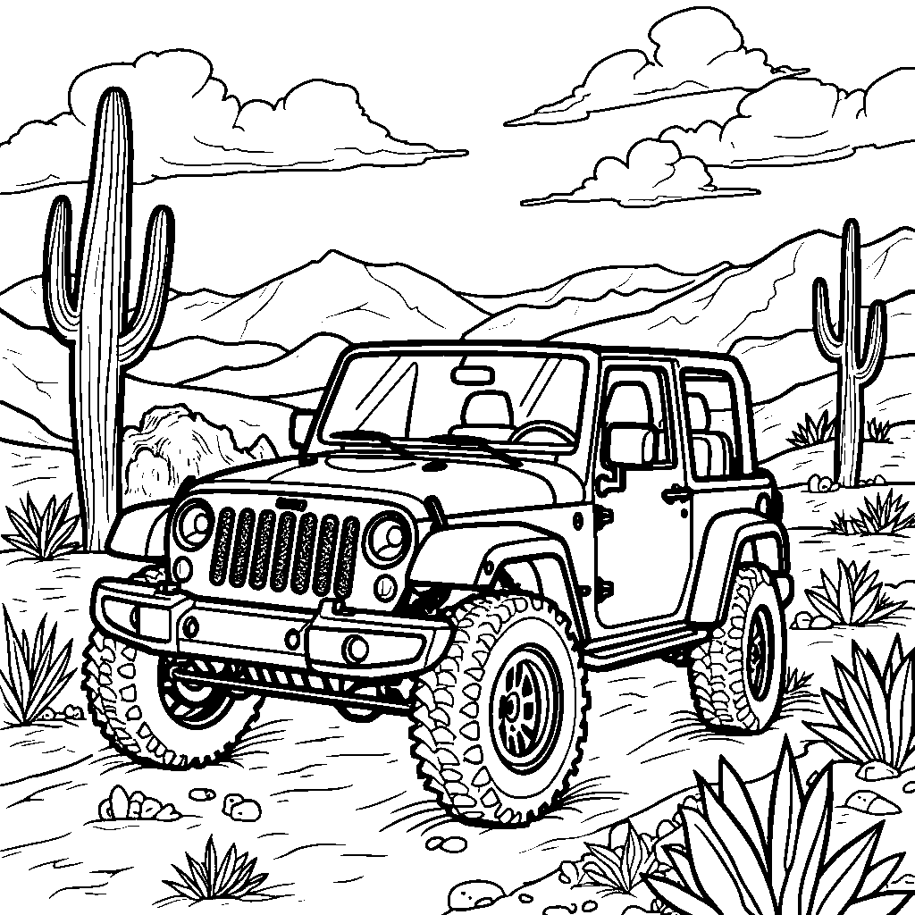 Jeep driving through a sunny desert landscape