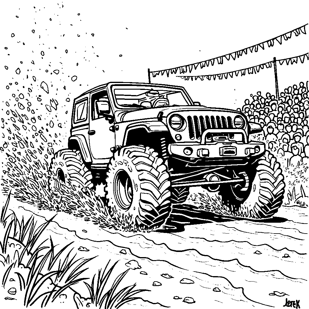 Jeep racing through a muddy obstacle course