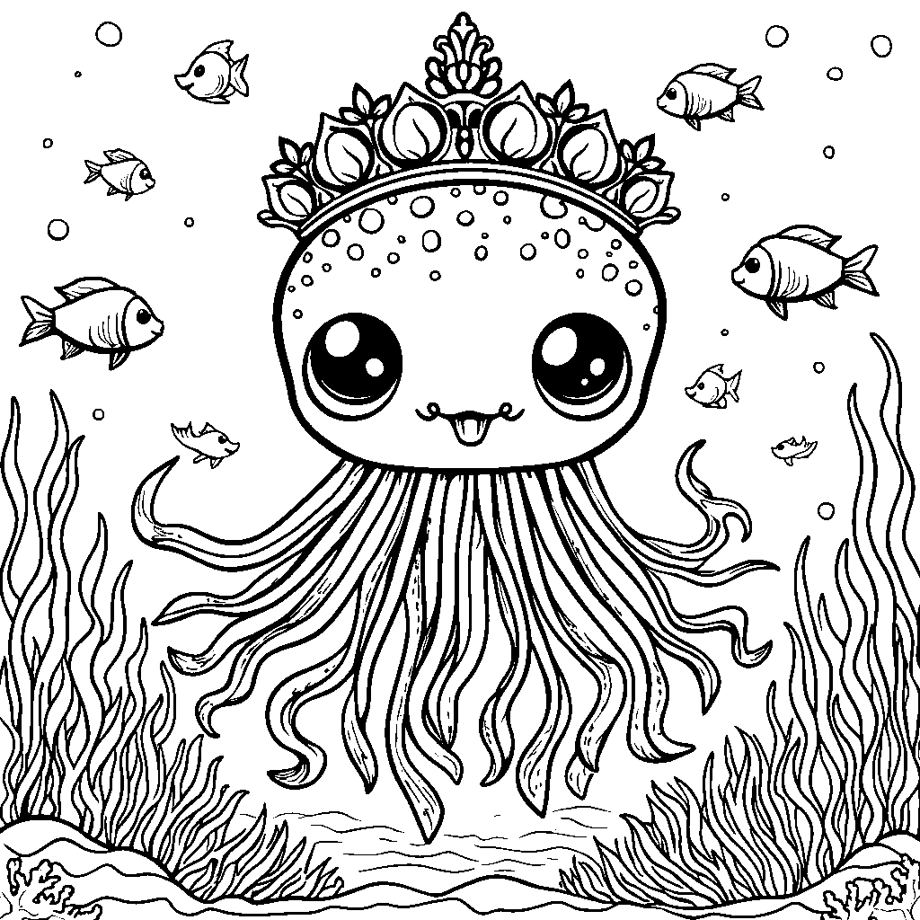 A giant jellyfish wearing a crown made of seashells