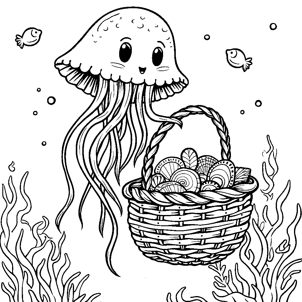 A jellyfish with a basket full of seashells and pebbles