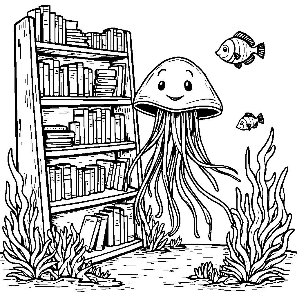 A jellyfish with a bookshelf filled with ocean-themed books