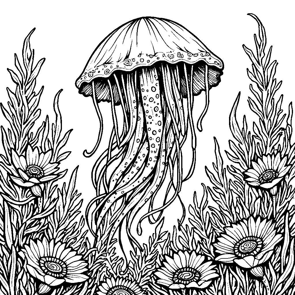 A jellyfish with a garden full of colorful sea anemones