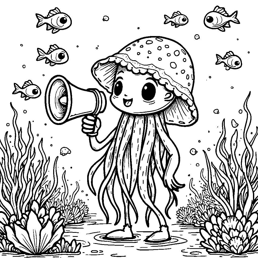 A jellyfish with a megaphone announcing the arrival of a school of fish