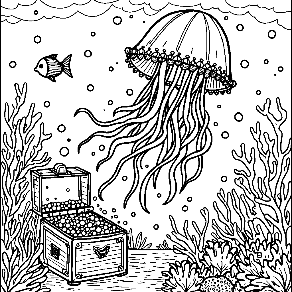 A jellyfish with a treasure chest filled with shiny pearls