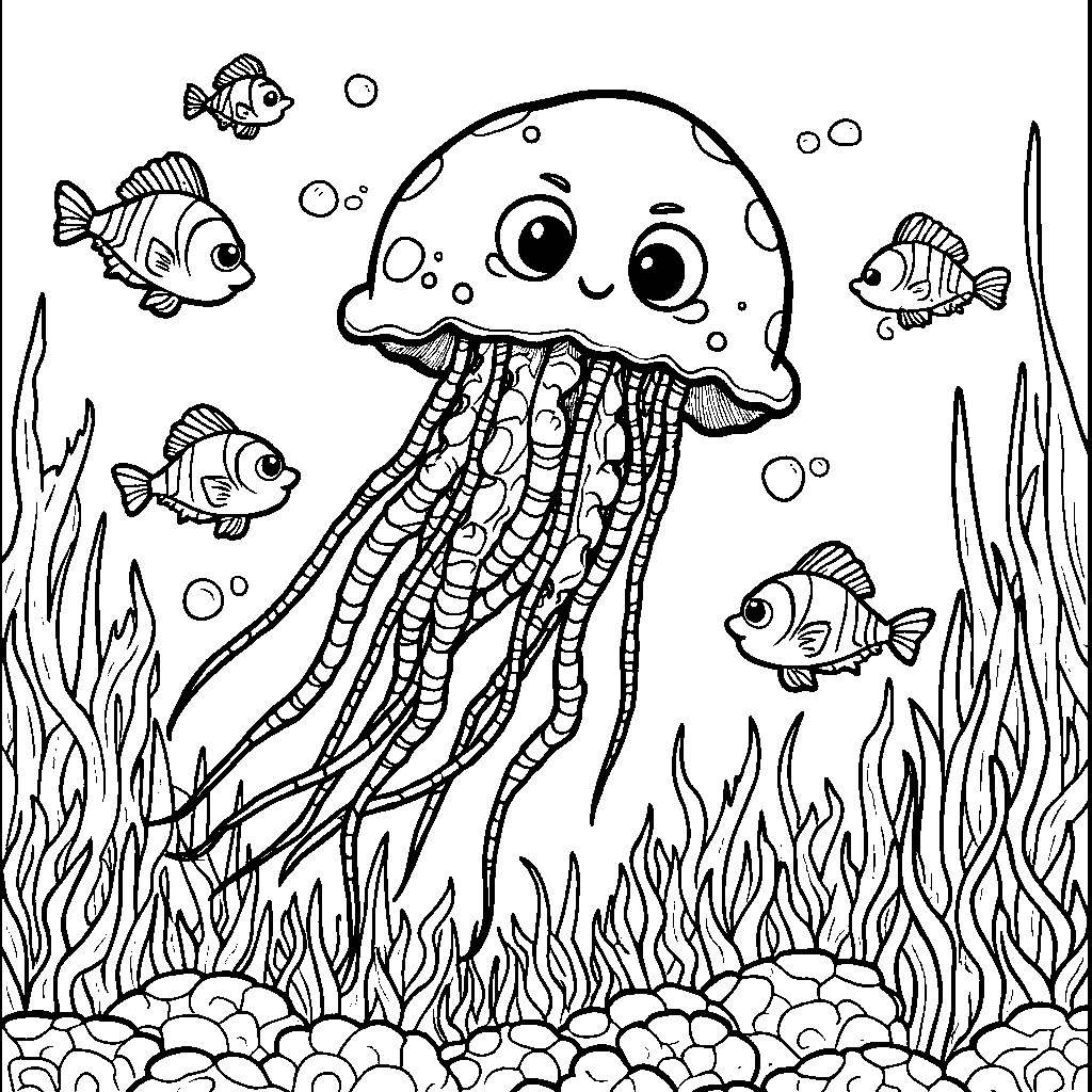 Jellyfish having a parade with a marching band of fish