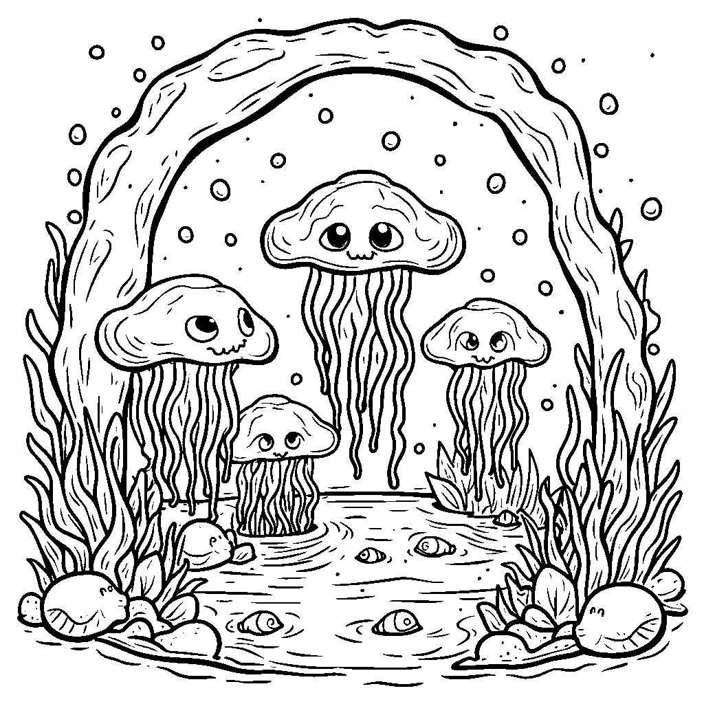 Jellyfish having a sleepover in a cozy little cave