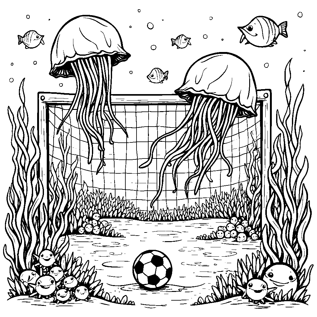 Jellyfish playing soccer with a school of fish