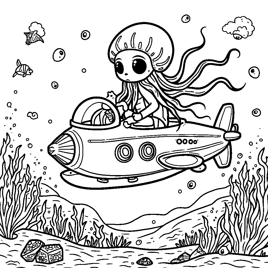 A jellyfish riding a submarine through the deep ocean