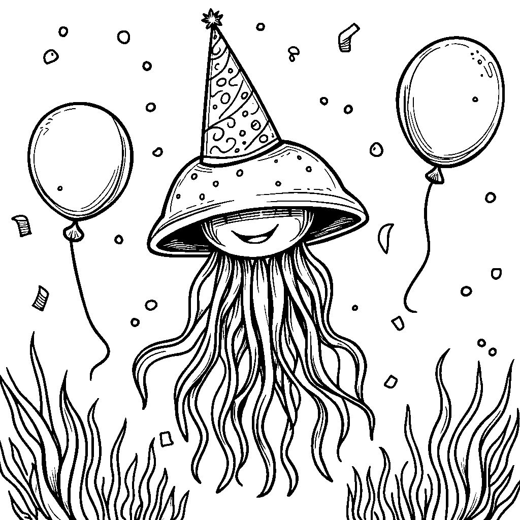 A jellyfish with a big smile and a party hat