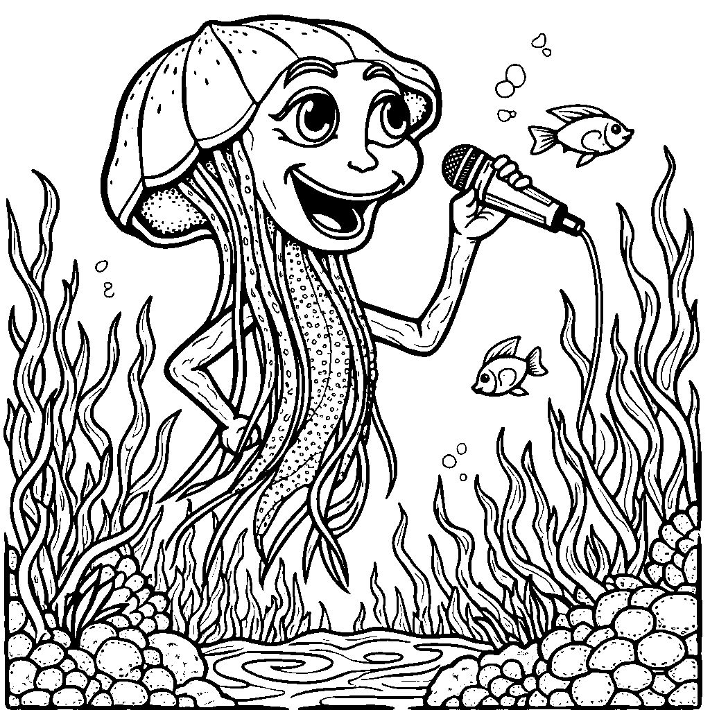 A jellyfish with a microphone singing an underwater song