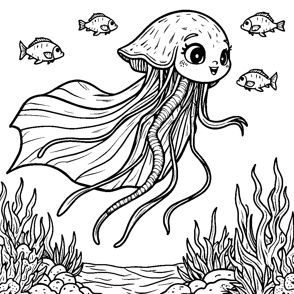 A jellyfish with a superhero cape flying through the water