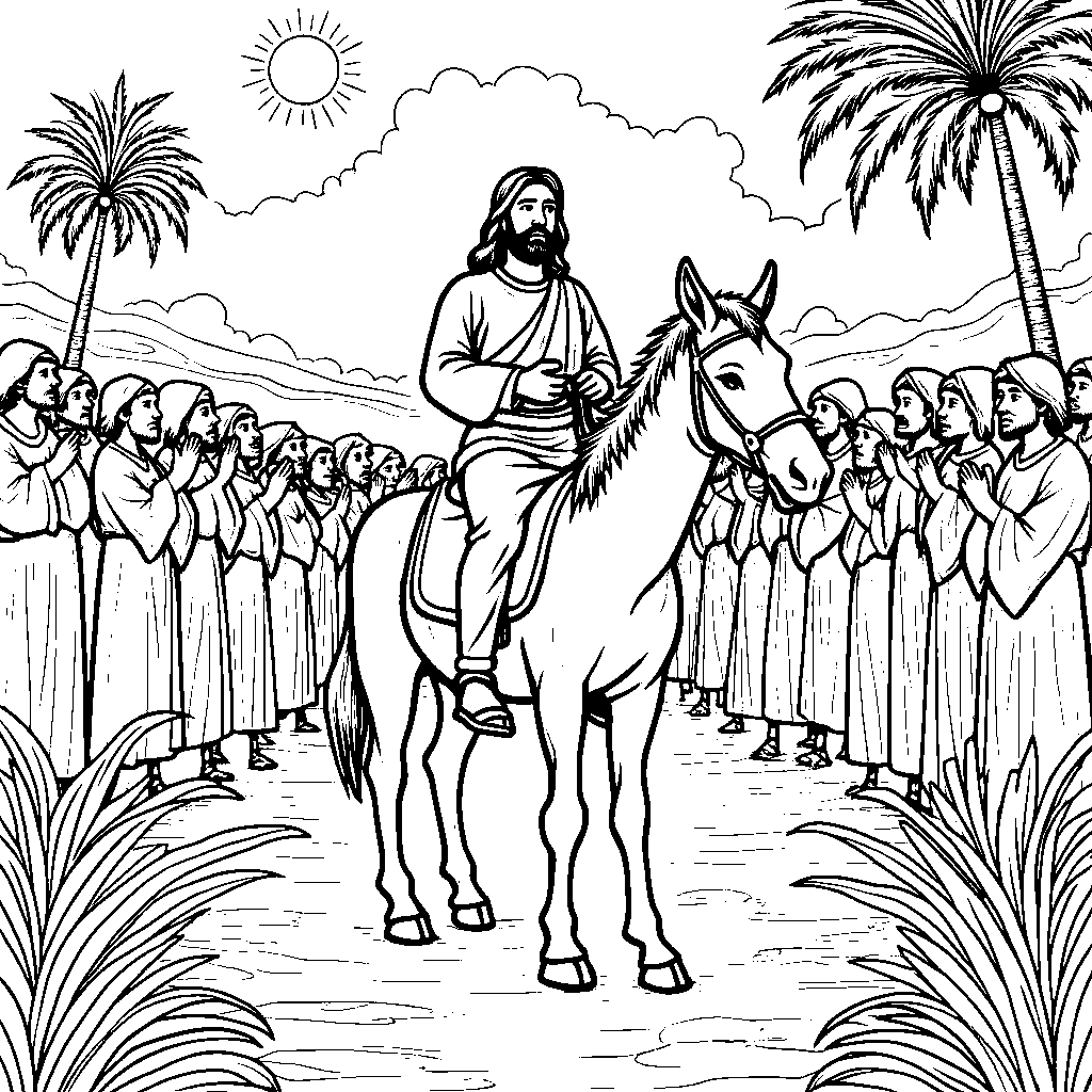 Jesus riding a donkey into Jerusalem