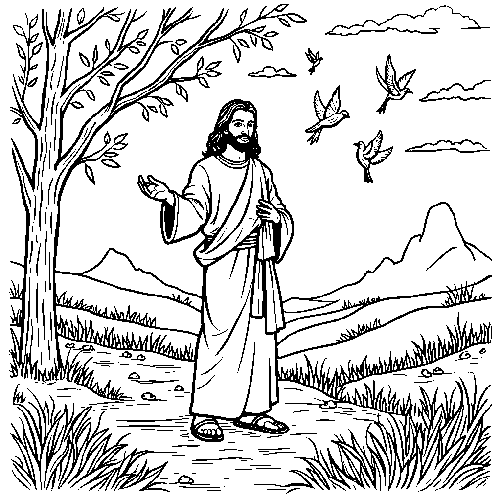 Jesus with a flock of birds