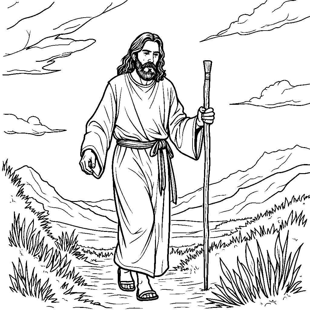 Jesus with a staff and walking stick