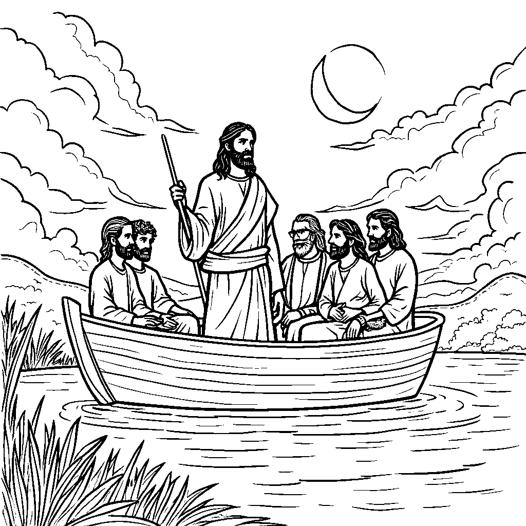 Jesus with his disciples on a boat