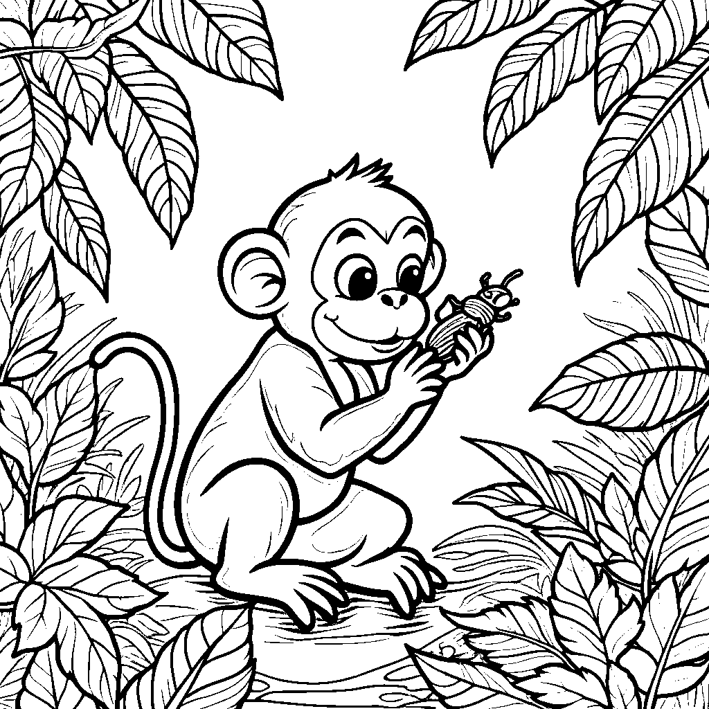 A curious monkey examining a jungle insect