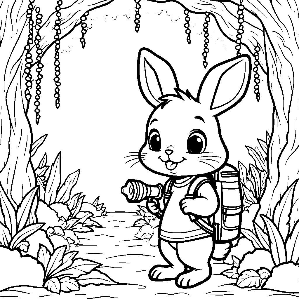 A curious rabbit exploring a hidden jungle cave