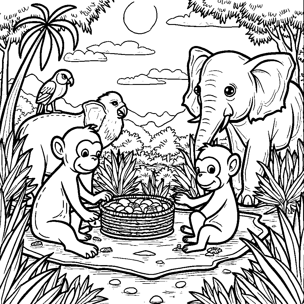 A group of jungle animals having a picnic together