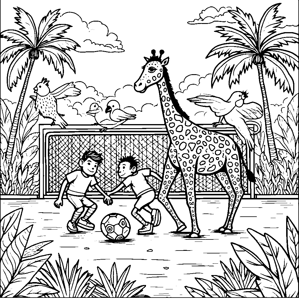 A group of jungle animals playing soccer together