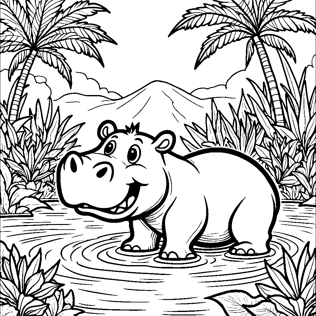 A happy hippo splashing in a jungle river