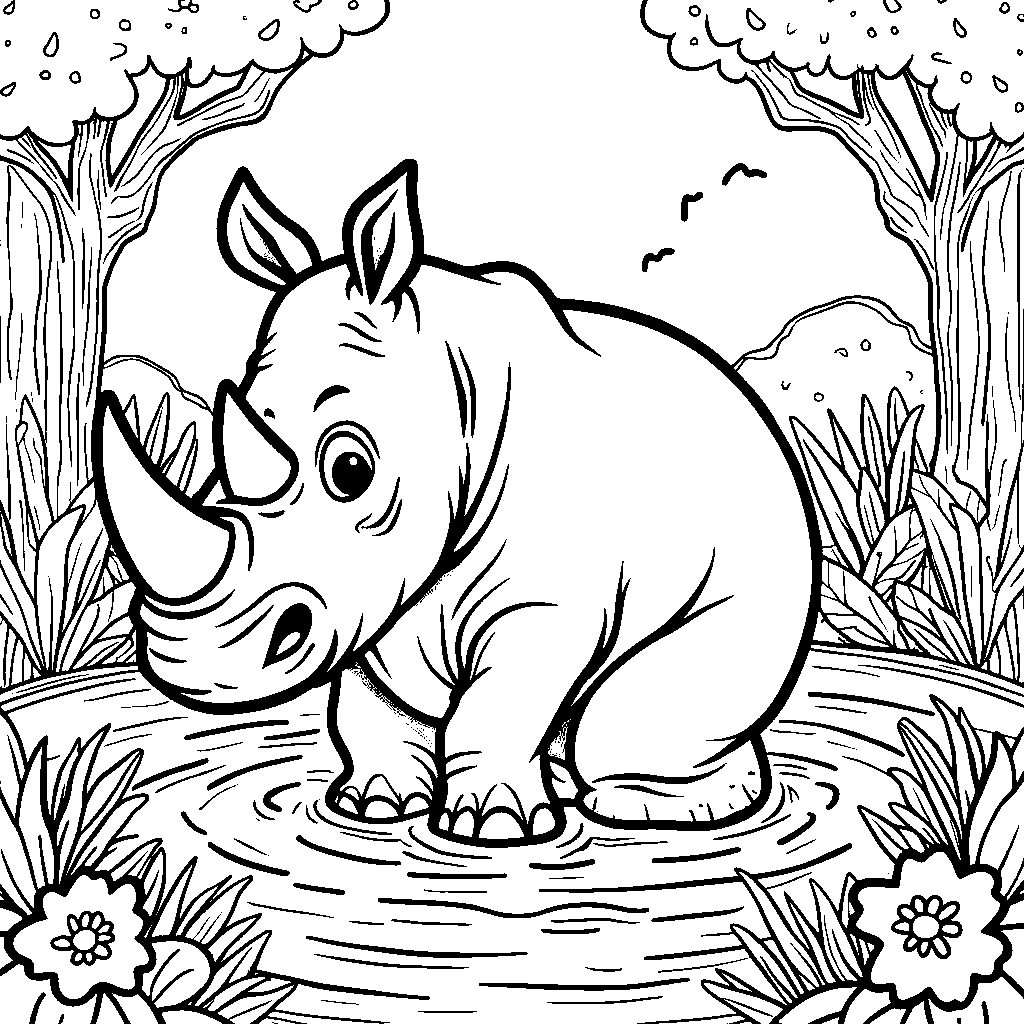 A happy rhino taking a mud bath in the jungle