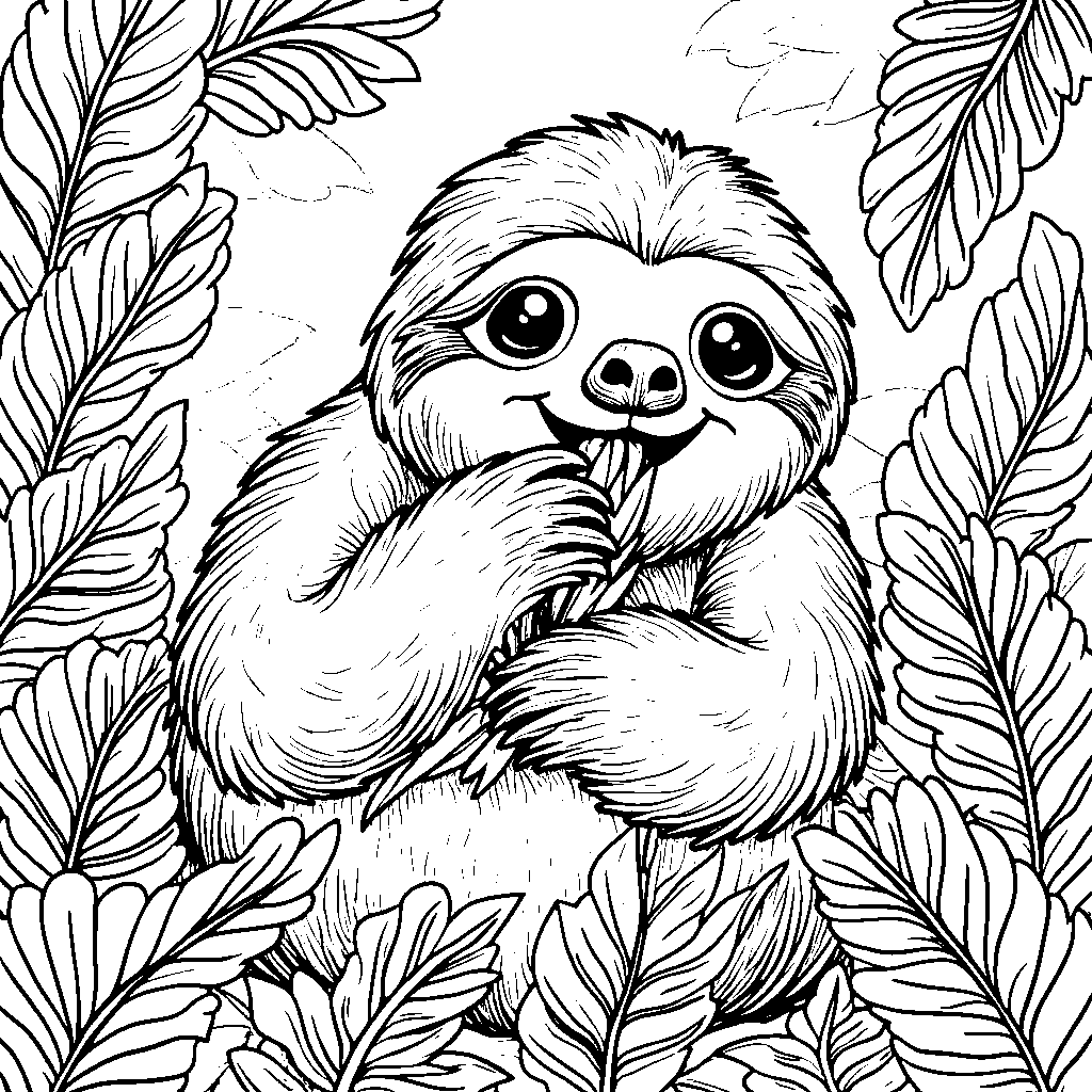 A happy sloth munching on a juicy leaf