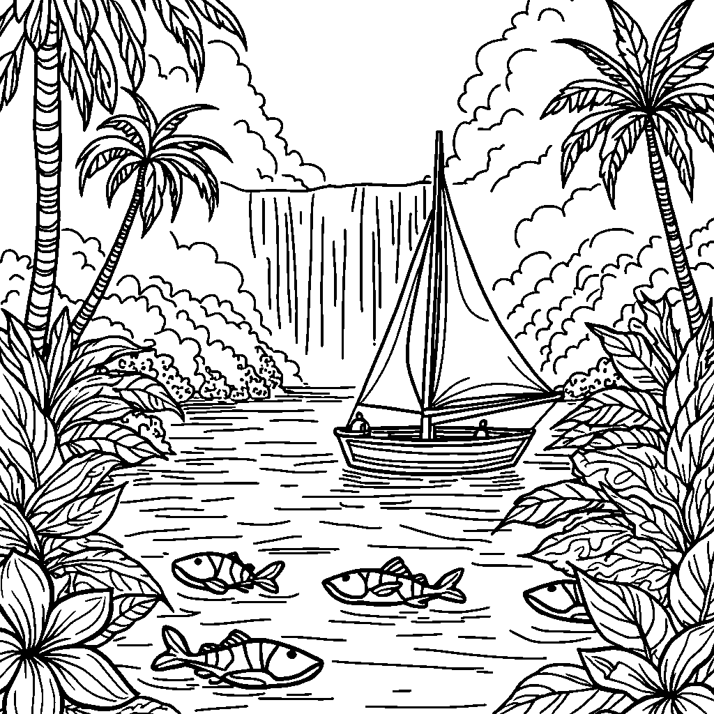 A jungle river with fish swimming and a sailboat