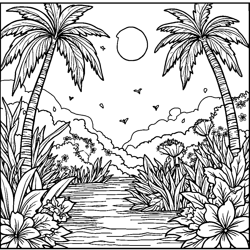 A jungle scene with a full moon shining bright