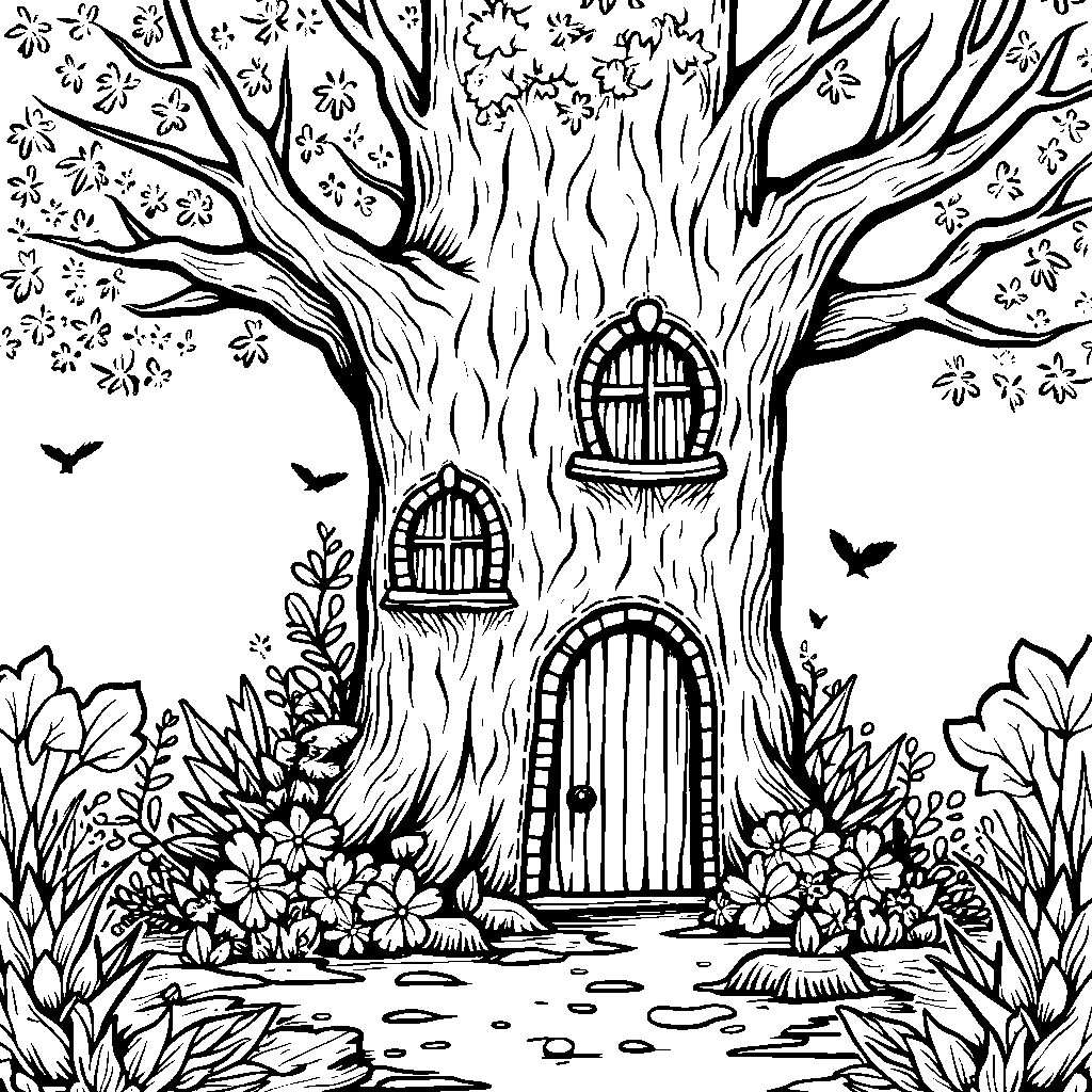 A jungle tree with a door and windows carved into it