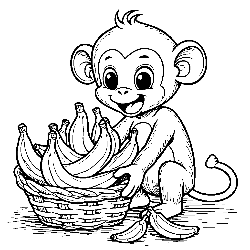 A mischievous monkey stealing bananas from a basket