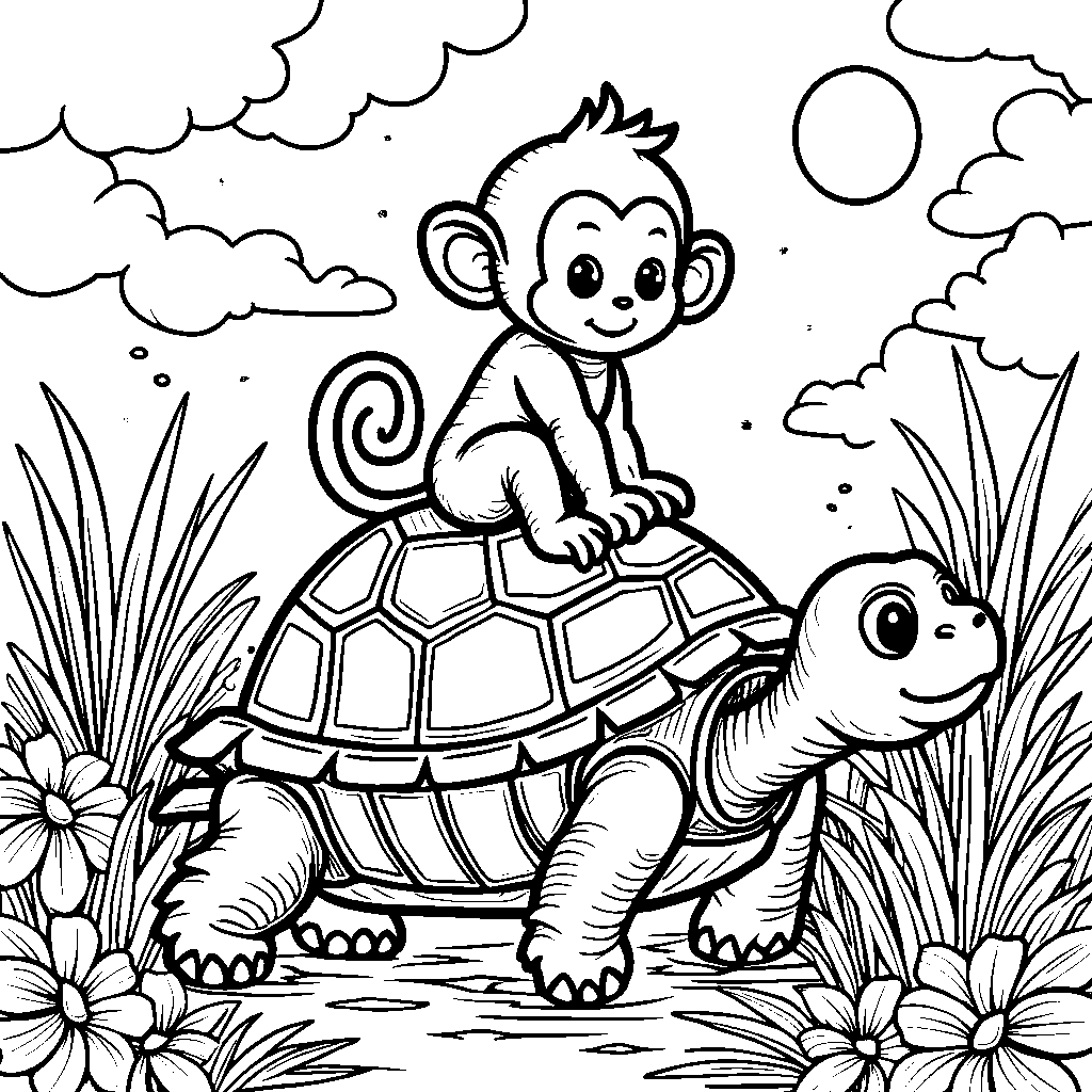 A playful monkey riding on the back of a turtle