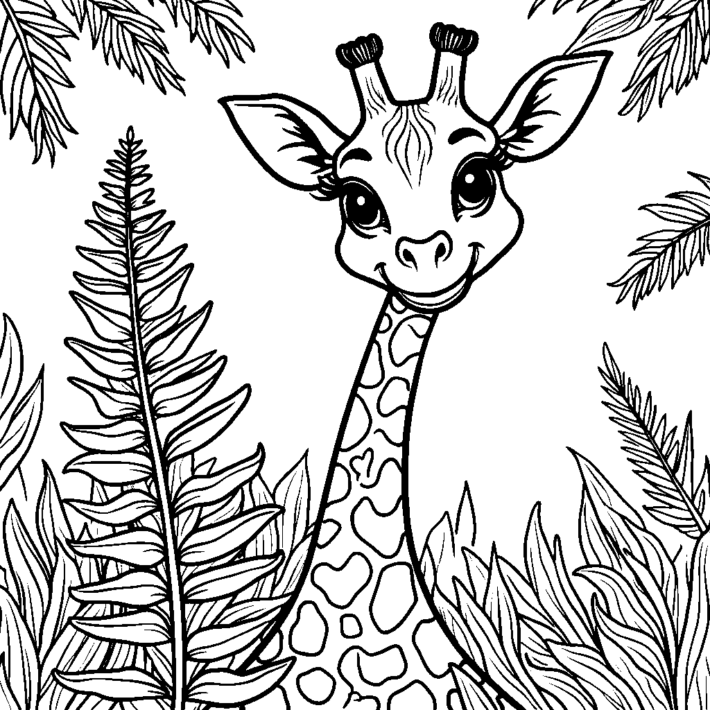 Giraffe peeking out from behind a giant fern