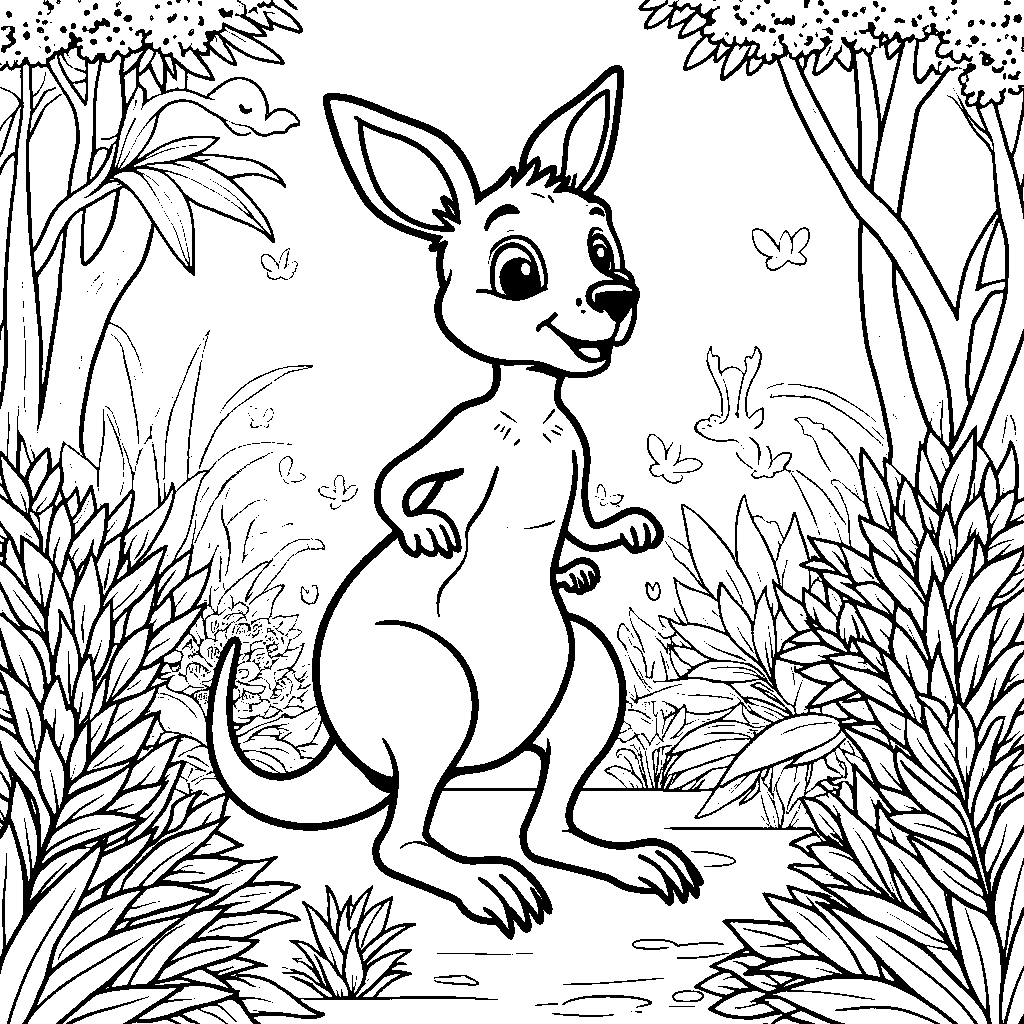 A happy kangaroo hopping through the jungle