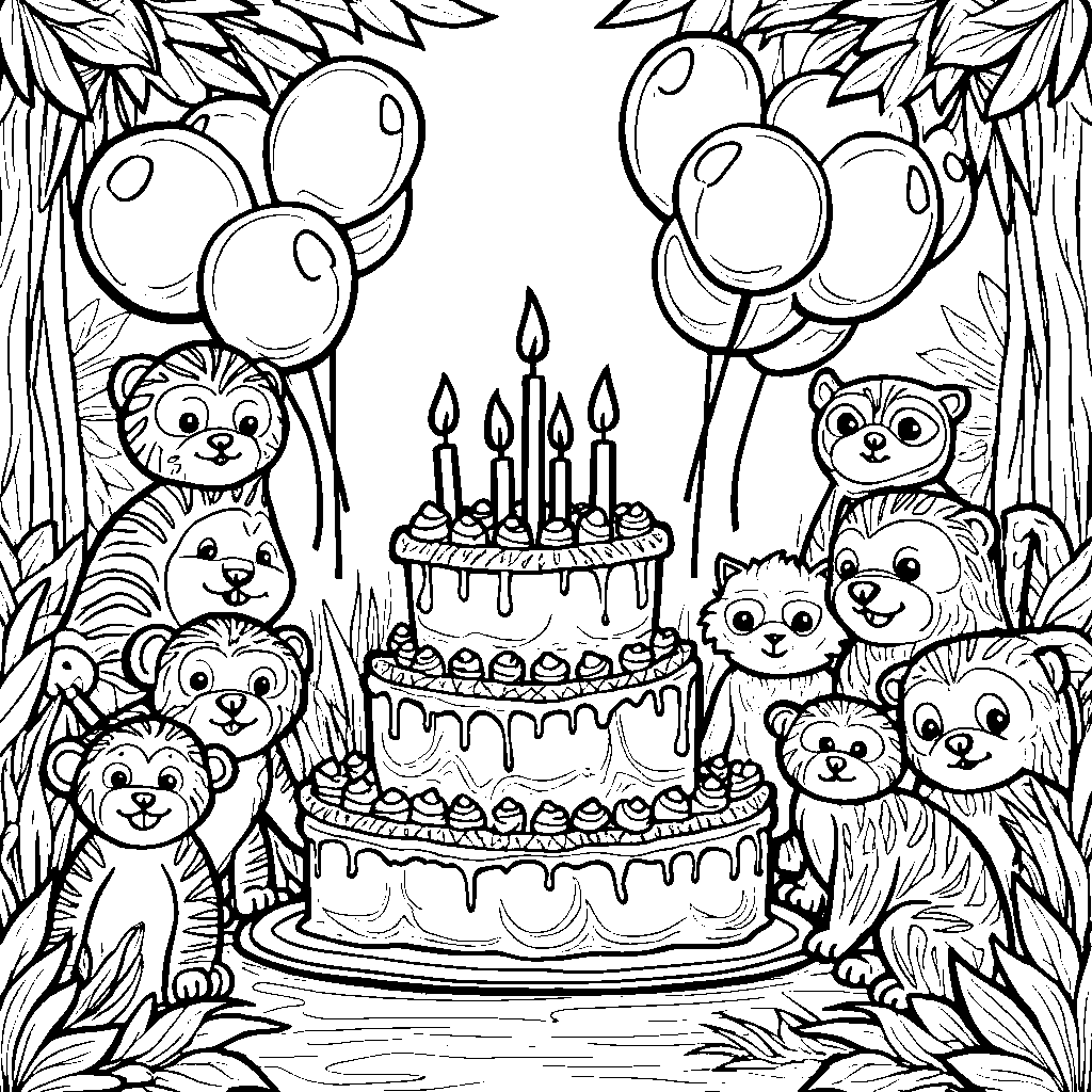 Jungle animals having a party with balloons and cake