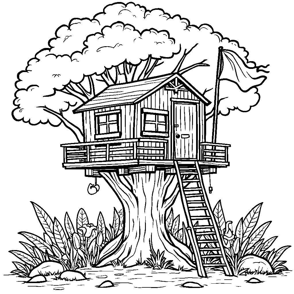 Jungle treehouse with a rope ladder and a flag