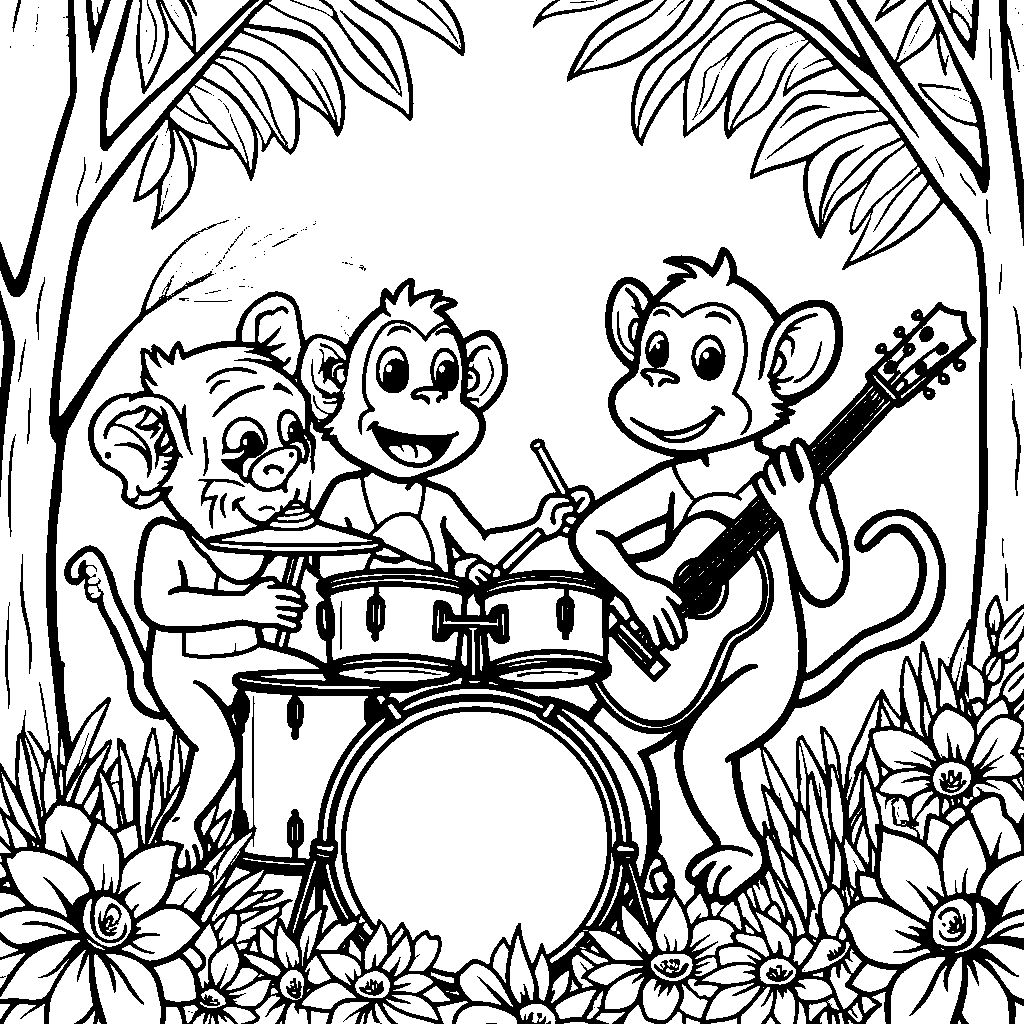 Monkey family playing musical instruments together