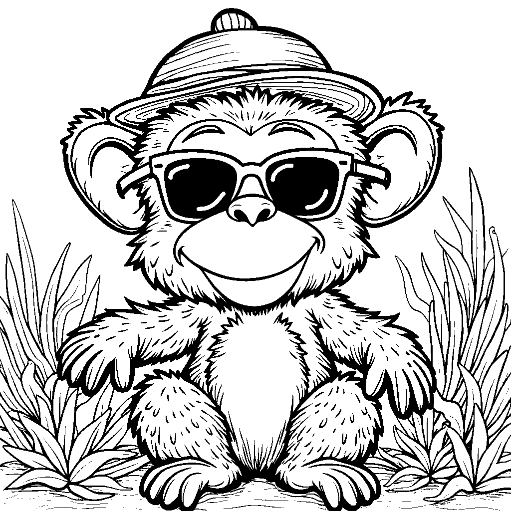 A silly monkey wearing a funny hat and sunglasses