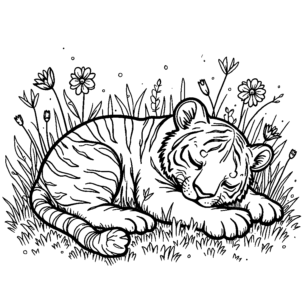 Tiger taking a nap in a sunny clearing