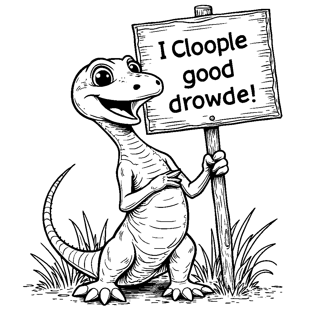 A cute Compy the Compsognathus holding a sign