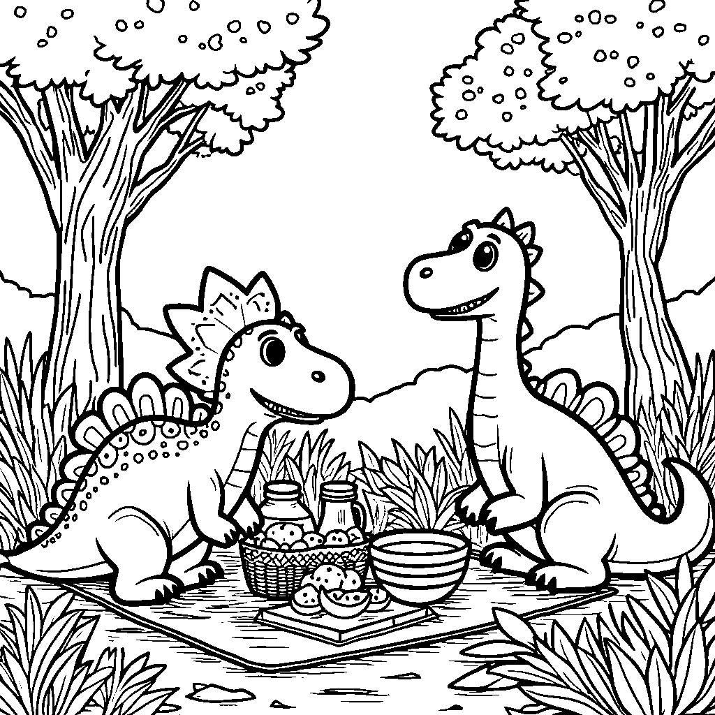 A group of friendly dinosaurs having a picnic